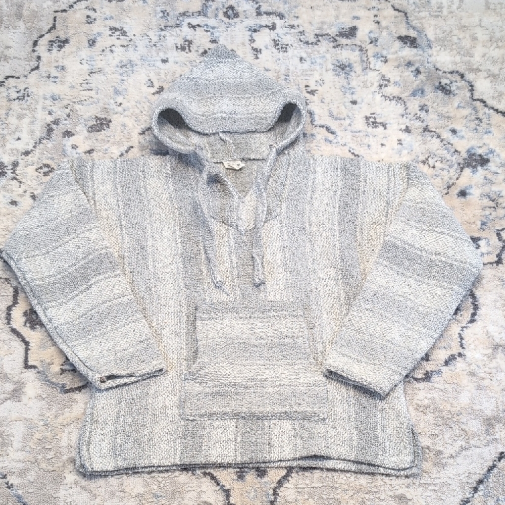 Vintage Baja Hoodie Gray White Striped Mexican Poncho Sweater M Made in Mexico